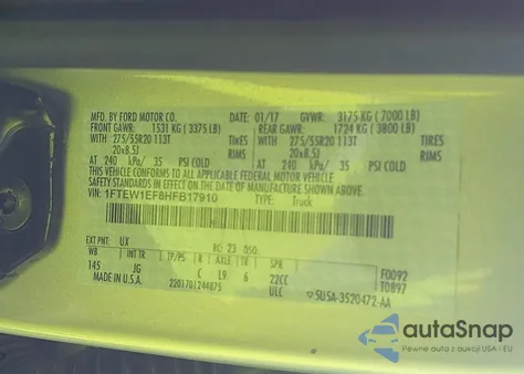 2017 Ford F150 Supercrew z USA, uszkodzony, nr VIN 1FTEW1EF8HFB17910